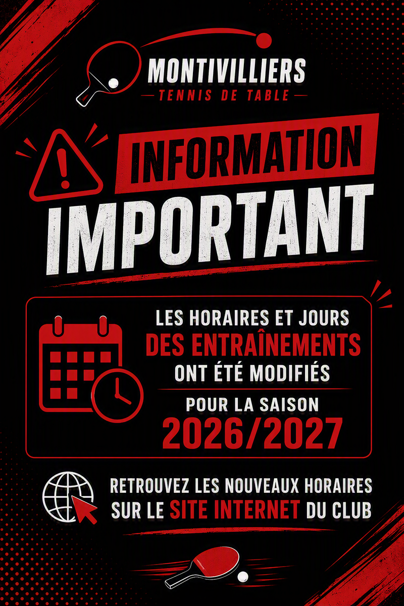 Modifications des jours et horaires des entrainements dirigés : INFORMATIONS DISPONIBLES DANS "INFOS PRATIQUES"